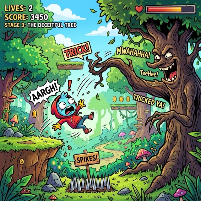 Trees Hate You gameplay showing trap triggering beside warning sign